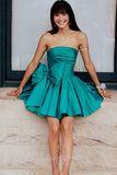 Strapless A-Line Satin Short Prom Dress With Bowknot, Green Homecoming Dress GM683