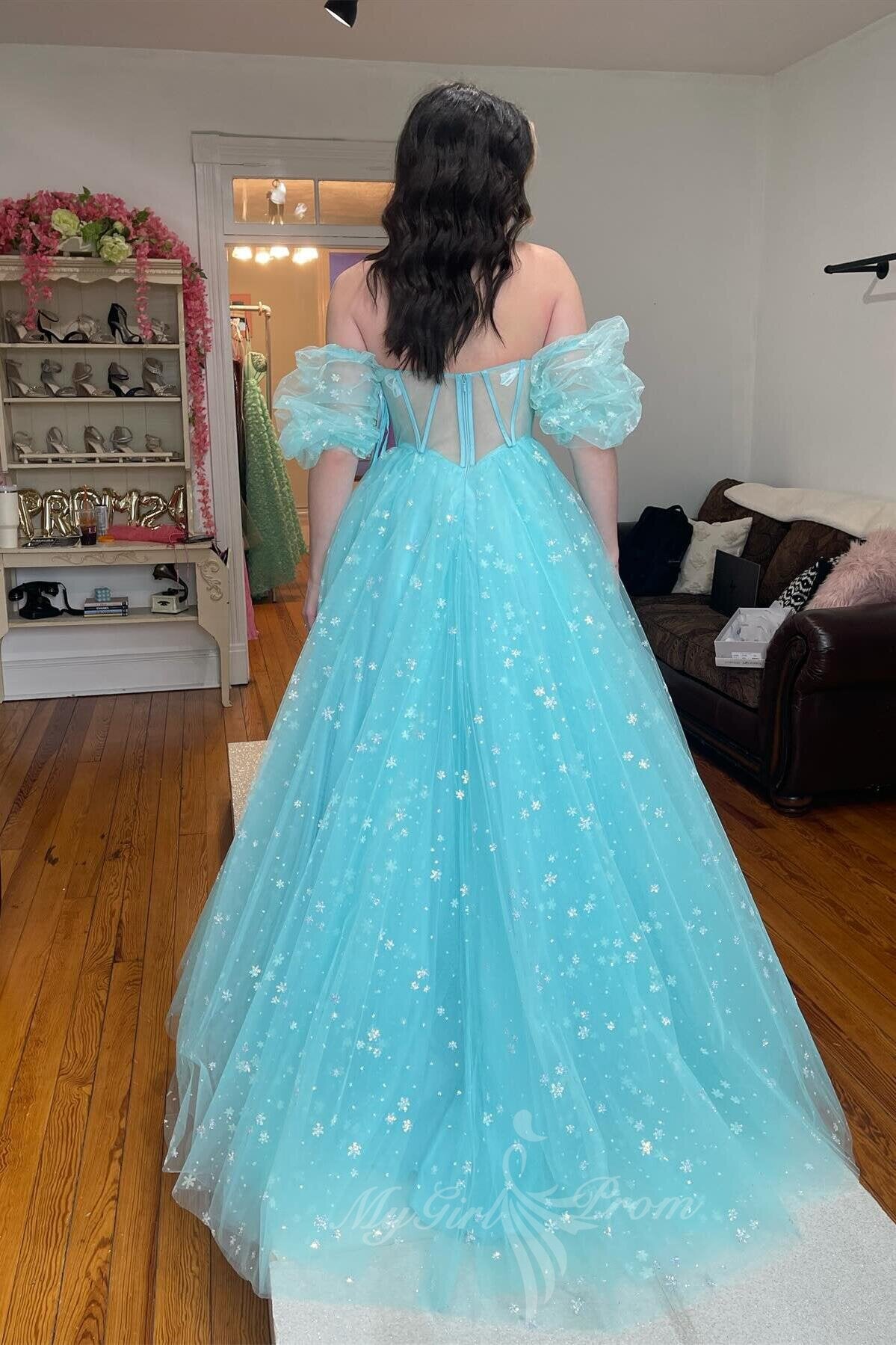 Strapless Blue Starry Tulle Long Prom Dress Princess Formal Gown GP701