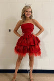 Strapless Pink Tiered Satin Feathers Homecoming Dress, A Line Short Prom Dresses GM705