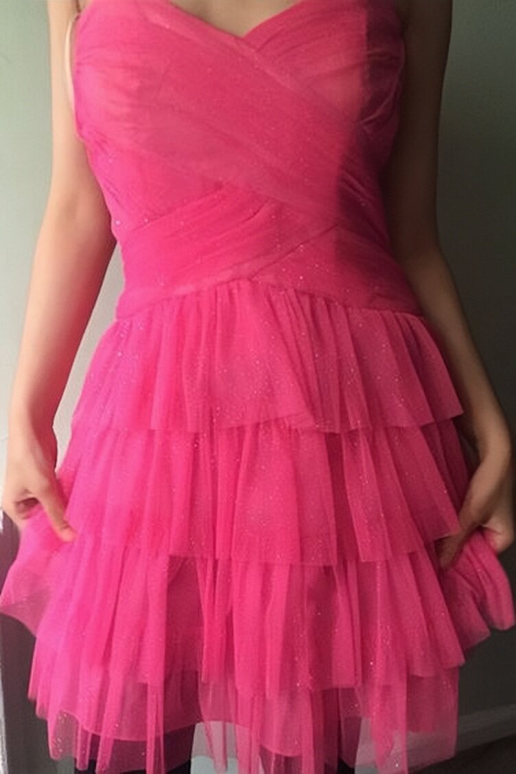 Strapless Glitter Tulle Homecoming Dress with Tiered Skirt, Pink Short Graduation Gown GM685