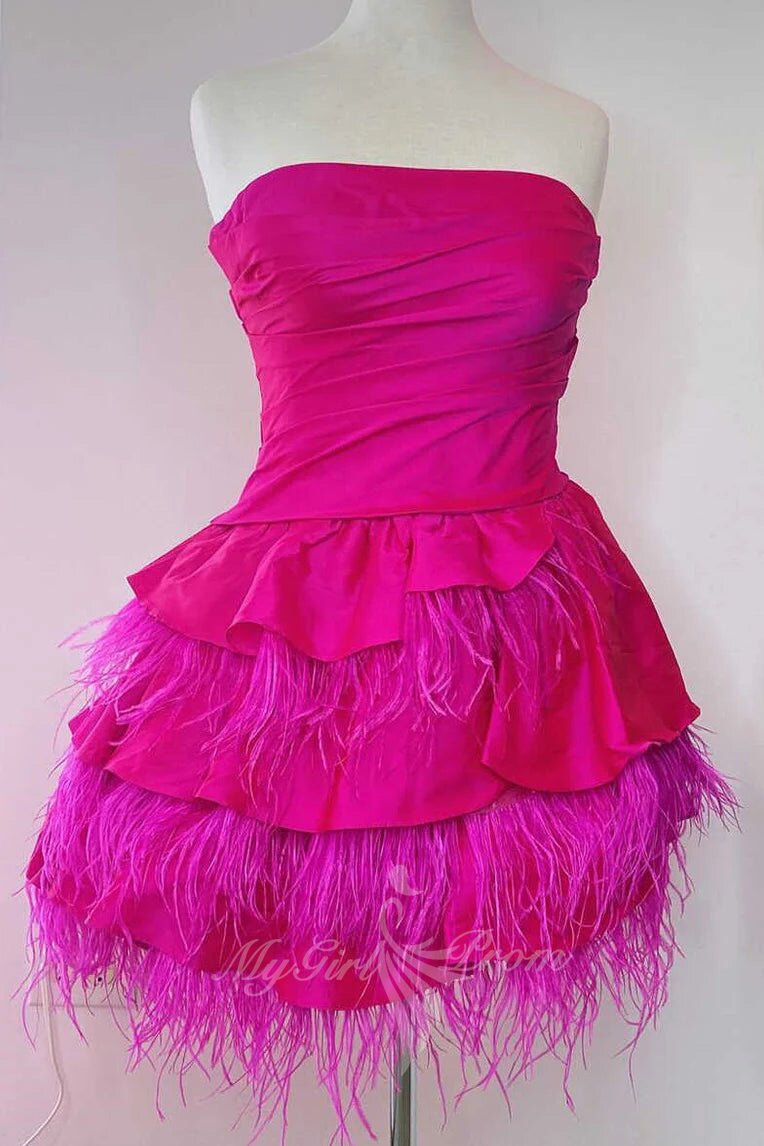 Strapless Pink Tiered Satin Feathers Homecoming Dress, A Line Short Prom Dresses GM705
