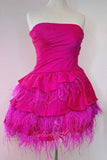 Strapless Pink Tiered Satin Feathers Homecoming Dress, A Line Short Prom Dresses GM705