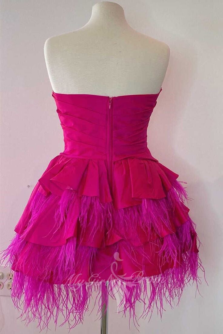 Strapless Pink Tiered Satin Feathers Homecoming Dress, A Line Short Prom Dresses GM705