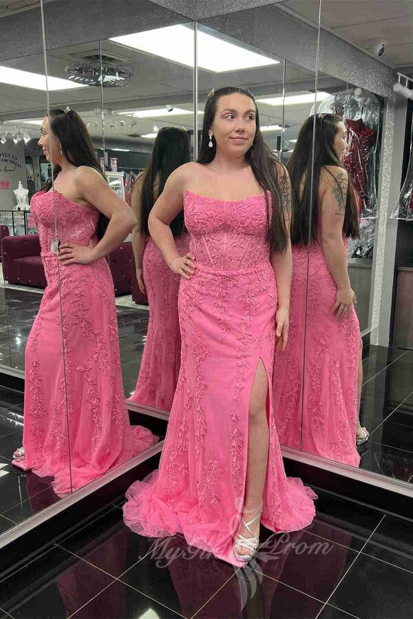 Strapless Fuchsia Corset Long Lace Prom Dress, Mermaid Slit Formal Dress GP743