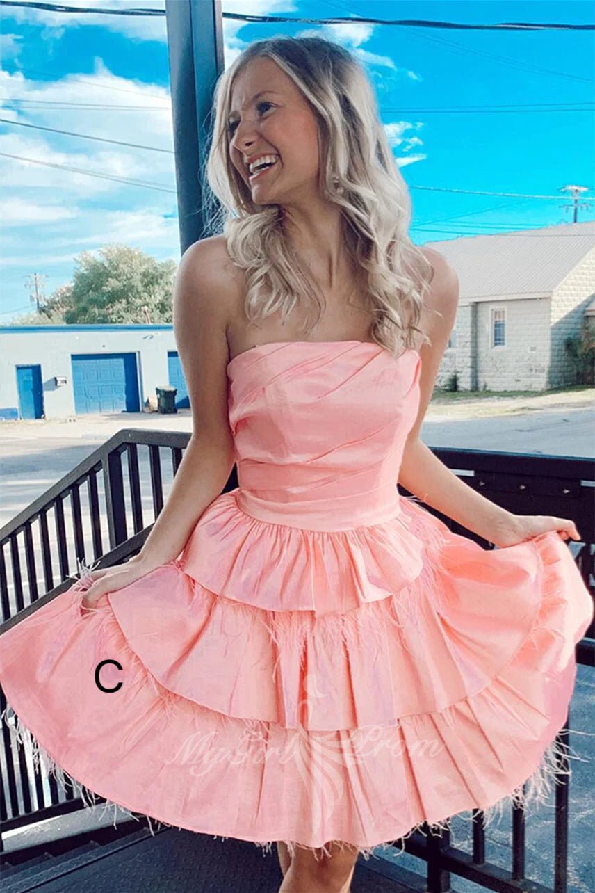 Strapless Pink Tiered Satin Feathers Homecoming Dress, A Line Short Prom Dresses GM705