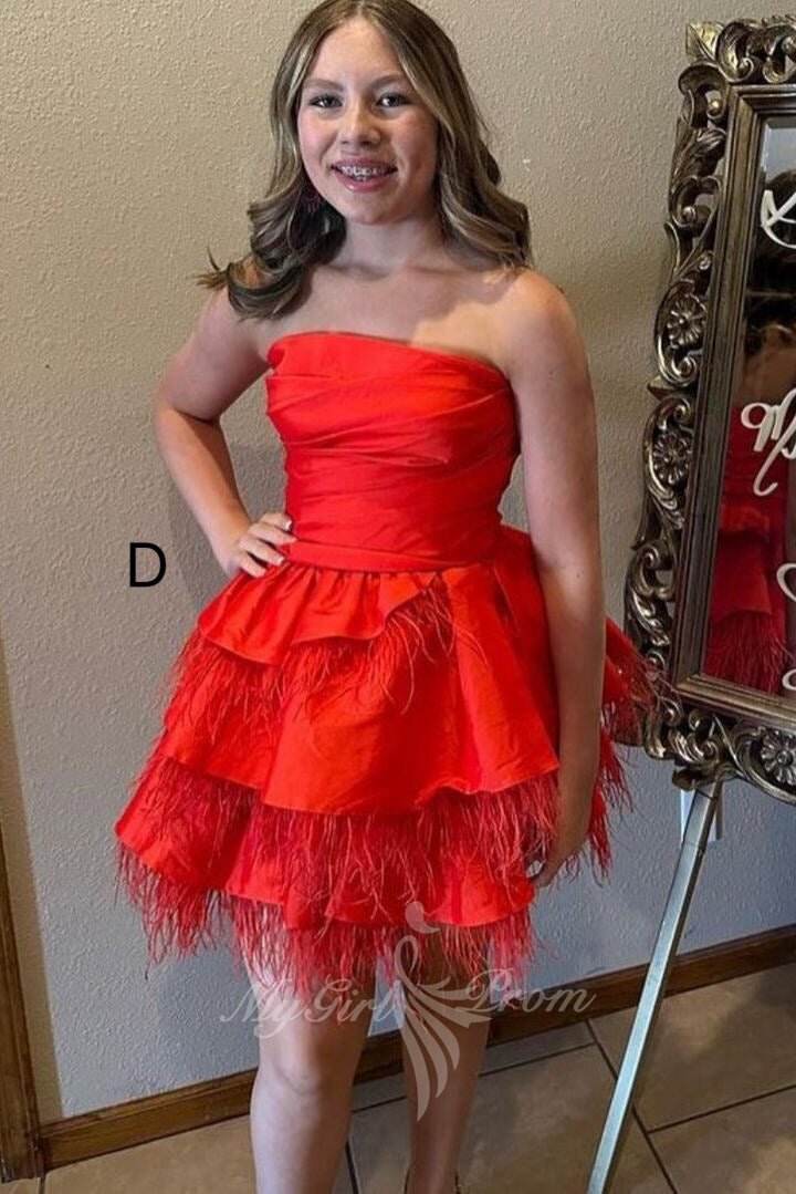Strapless Pink Tiered Satin Feathers Homecoming Dress, A Line Short Prom Dresses GM705