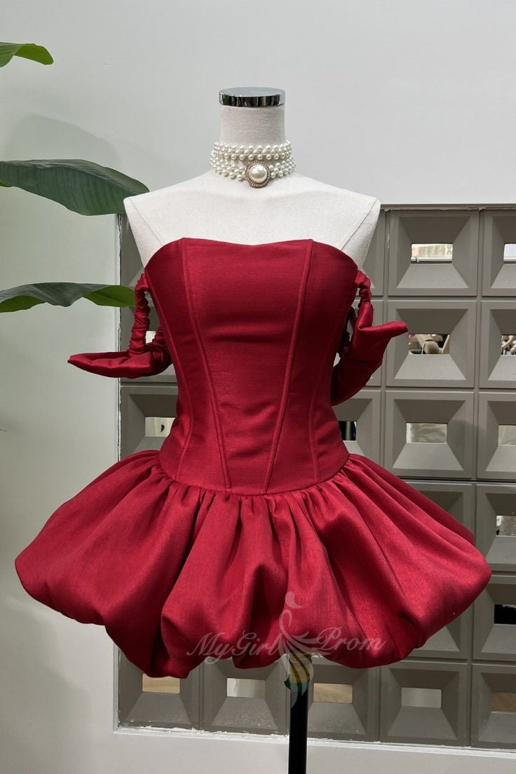 Strapless Satin Corset Bodice Puffball Bubble Burgundy Short Homecoming Dress GM736
