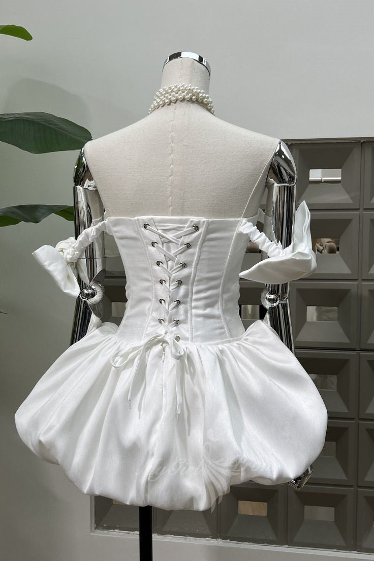 Strapless Satin Corset Bodice Puffball Bubble Ivory Short Homecoming Dress GM736