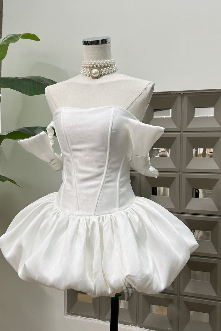 Strapless Satin Corset Bodice Puffball Bubble Ivory Short Homecoming Dress GM736