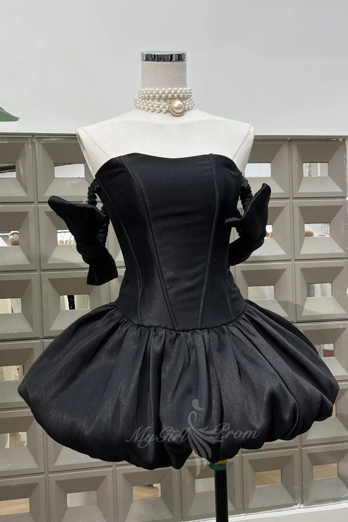 Strapless Satin Corset Bodice Puffball Bubble Black Short Homecoming Dress GM736
