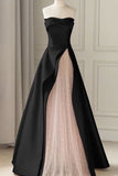 Strapless Satin Pearls Tulle Long Prom Dresses, A-line Pink Formal Gown GP687