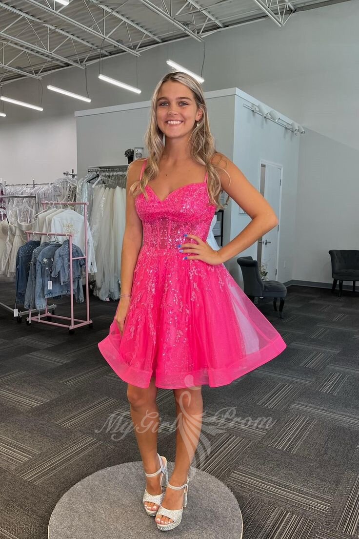 Straps A-line Short Homecoming Dress Sparkly Hot Pink Graduation Dress GM708