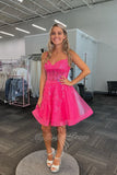 Straps A-line Short Homecoming Dress Sparkly Hot Pink Graduation Dress GM708