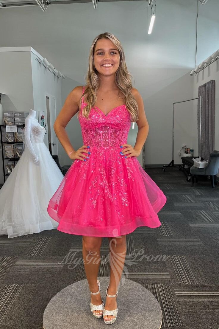 Straps A-line Short Homecoming Dress Sparkly Hot Pink Graduation Dress GM708