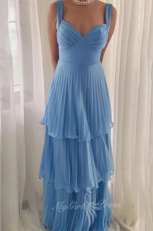 Straps Blue Prom Dress A Line Chiffon Pleated Layered Formal Dress GP787