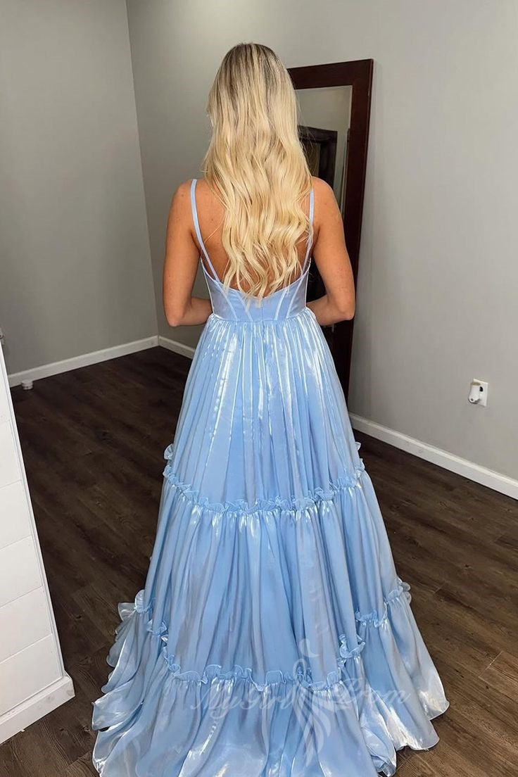 Stunning A-line V Neck Organza Sleeveless Sky Blue Prom Dresses GP807