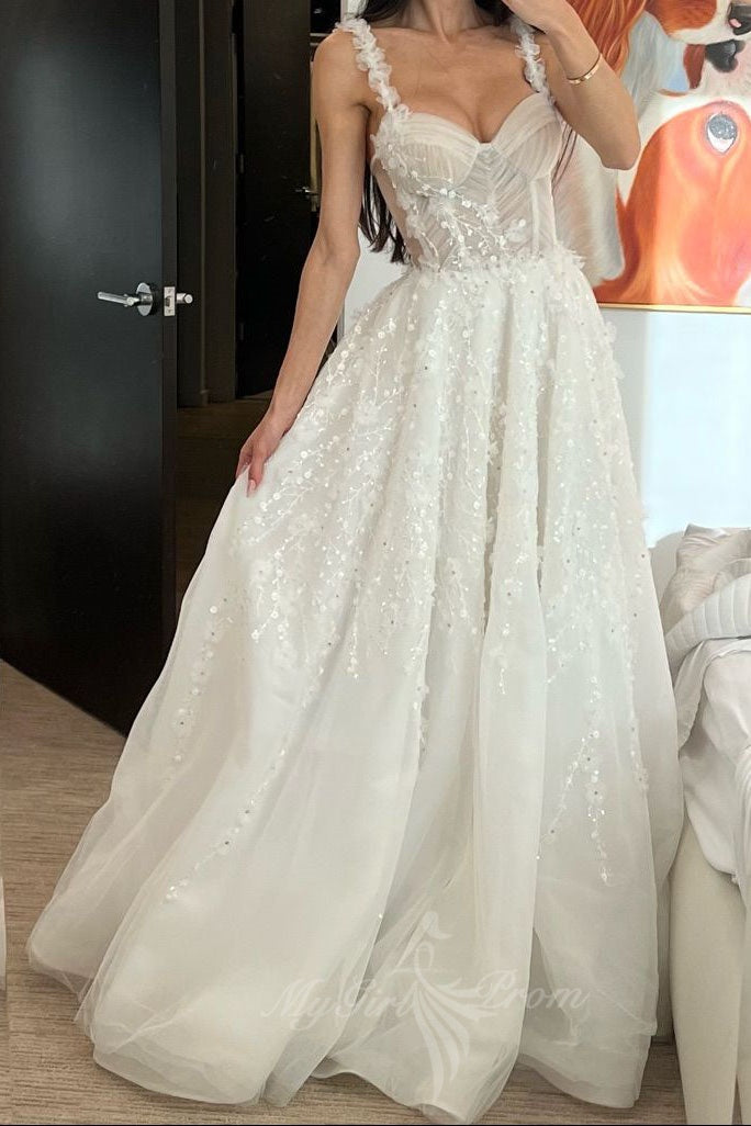 Stunning Spaghetti Straps Tulle With Sequins Lace A-line Wedding Dresses PW609