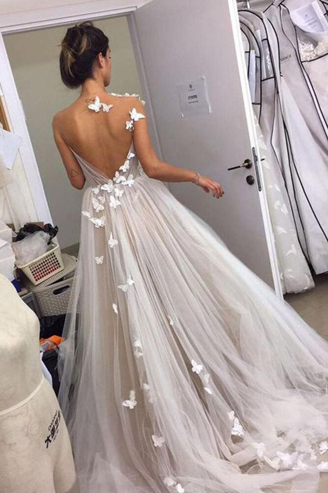 sweet a line v neck open back tulle ivory wedding dresses with appliques