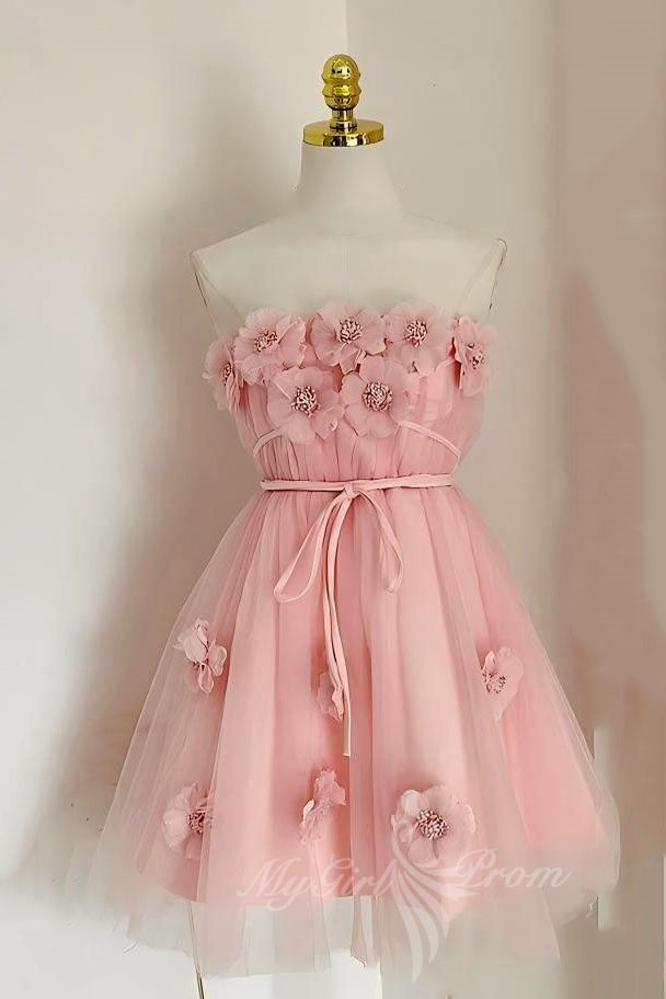 Pink Floral A-Line Tulle Homecoming Dress Short Strapless Party Gown GM732