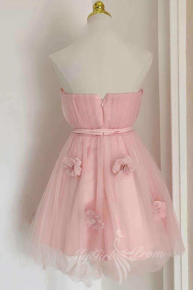 Pink Floral A-Line Tulle Homecoming Dress Short Strapless Party Gown GM732