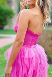 Sweetheart A-Line Hot Pink Tulle Ruffle Lace Long Prom Dresses GP681