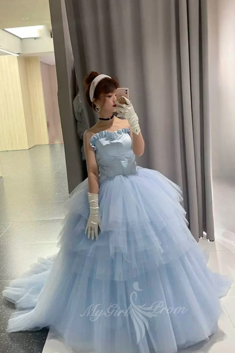 Sweetheart Light Blue Tulle Corset Prom Dress Ruffles Formal Ball Gown GP731