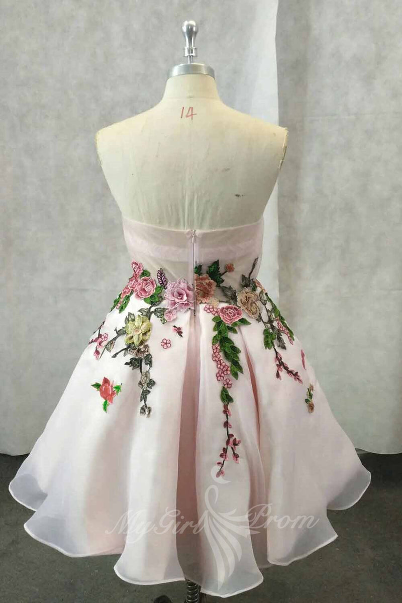 Sweetheart Pink Homecoming Dresses with Embroidered Floral Short Prom Dress GM715