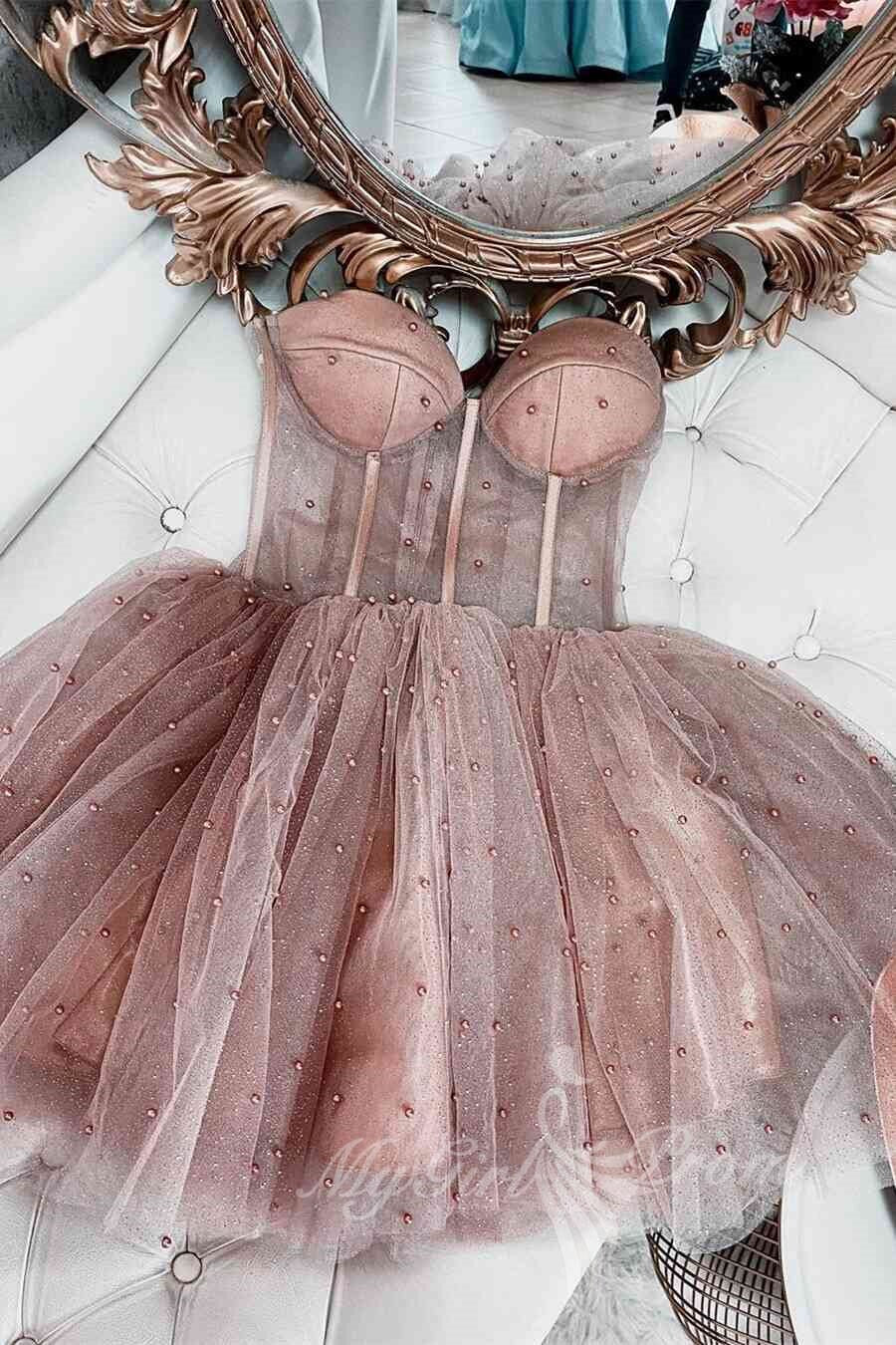 sweetheart pink tulle with pearls homecoming dress sparkly short prom dress