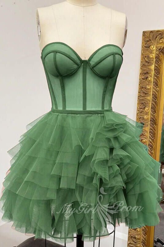 sweetheart short brown tulle ruffles corset hoco dress sheer short party dress