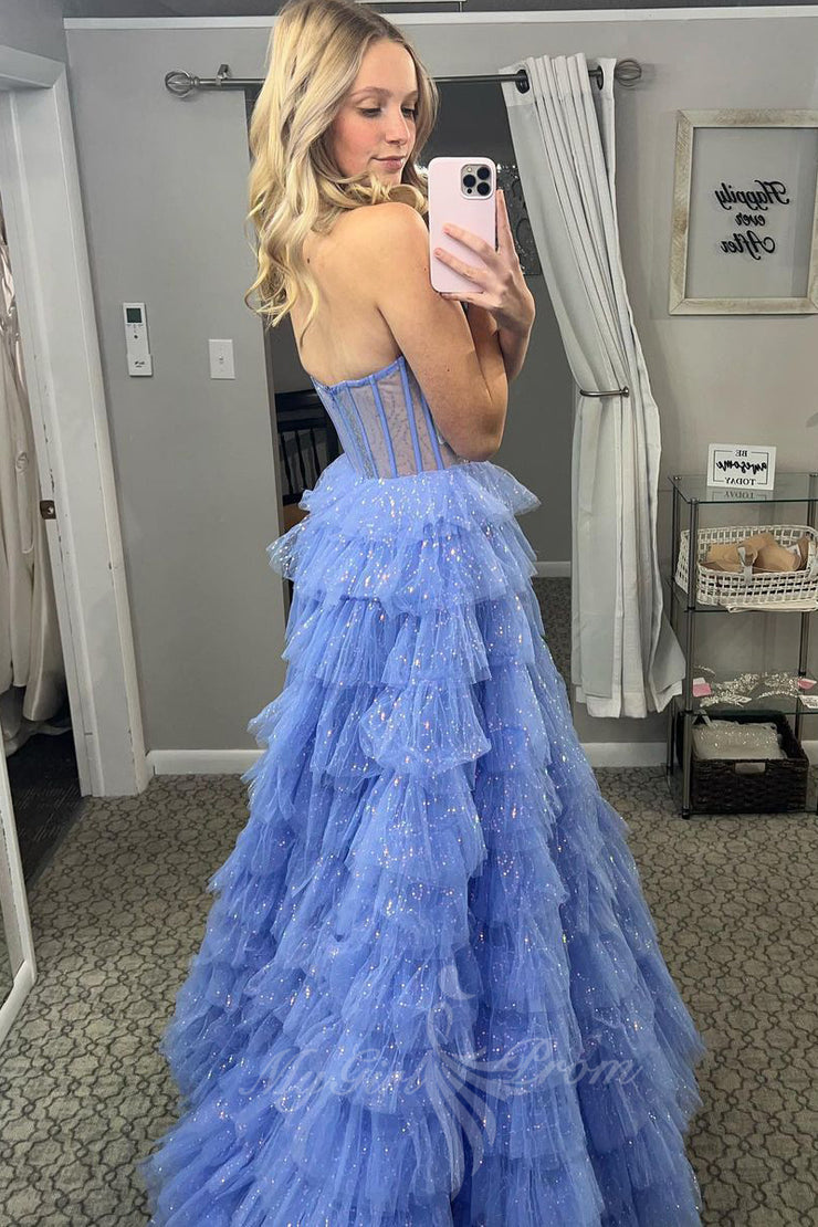 Sweetheart Tulle Prom Dress Sequins Blue Evening Gowns with Ruffles GP721