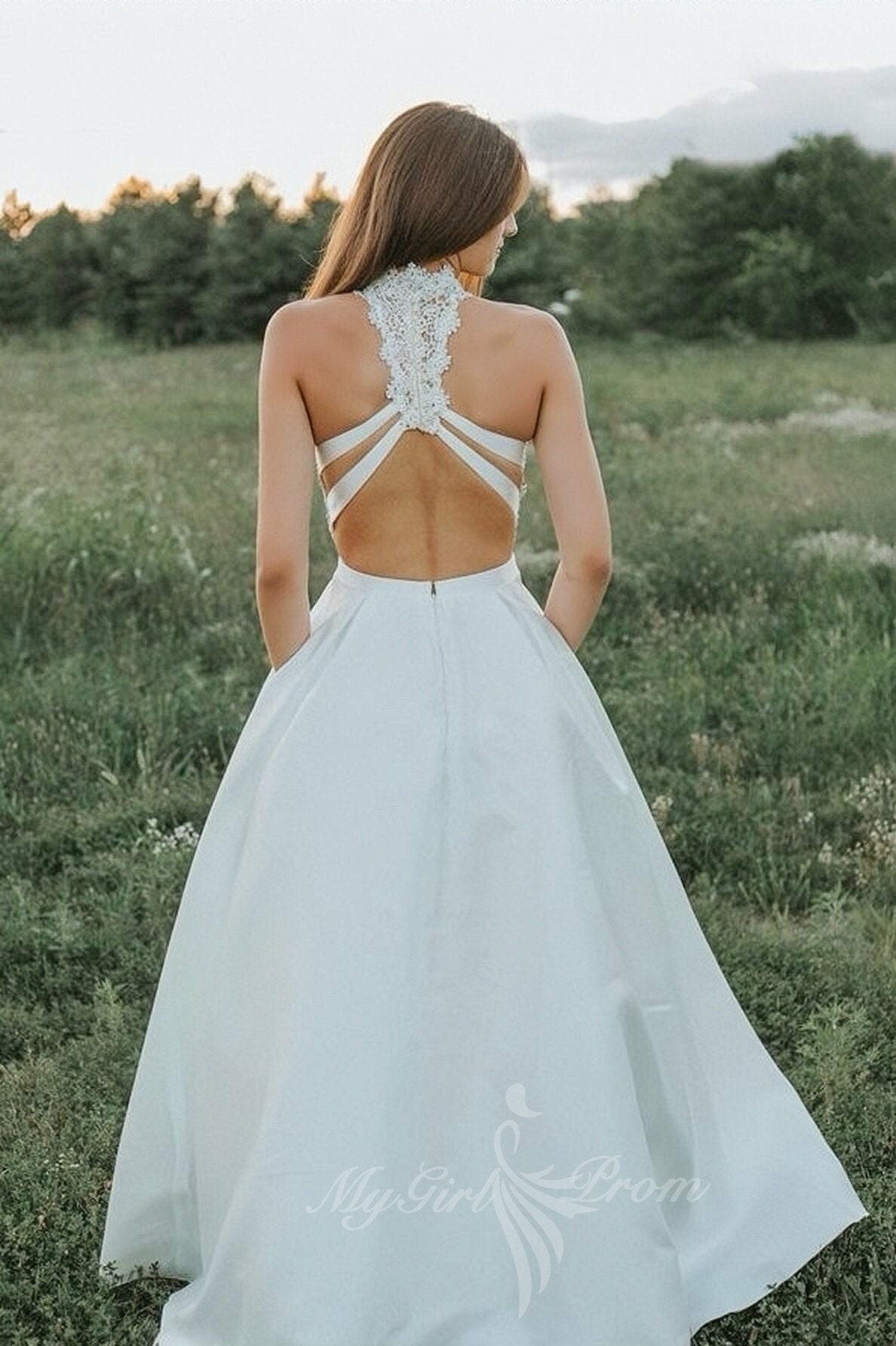Two Pieces Lace Chiffon Beach Wedding Dress,  Backless Boho Bridal Dress PW573