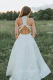 Two Pieces Lace Chiffon Beach Wedding Dress,  Backless Boho Bridal Dress PW573