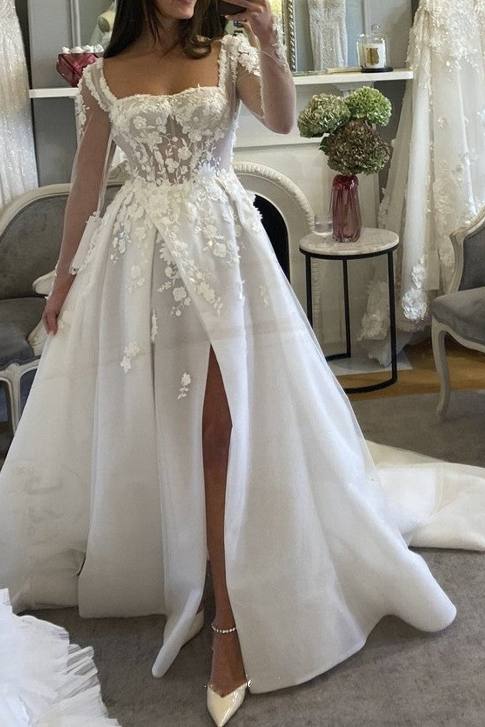 Unique Lace Applique Long Sleeves A-line Wedding Dresses Slit Bridal Gown PW560