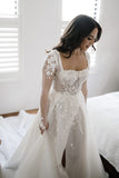 Unique Lace Applique Long Sleeves A-line Wedding Dresses Slit Bridal Gown PW560