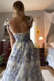 unique tie strap floral print prom dress long corset graduation gown