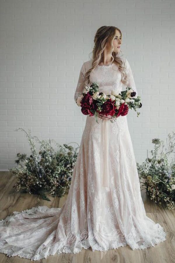 Vintage Rustic Long Sleeve Lace Wedding Dresses, A Line Lace Bridal Dress PW591