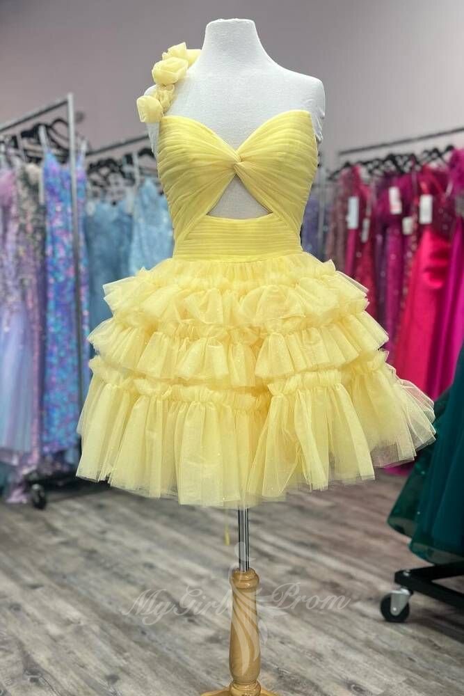 Yellow One Shoulder Flowers Tulle Short Ruffled A-line Keyhole Homecoming Dress GM709
