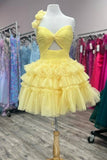 Yellow One Shoulder Flowers Tulle Short Ruffled A-line Keyhole Homecoming Dress GM709