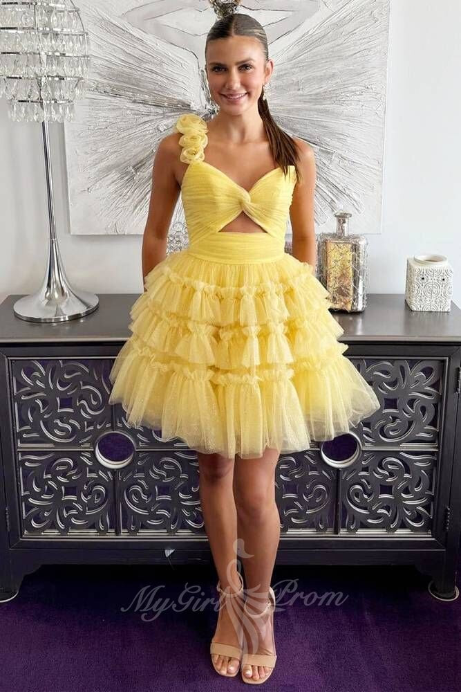 Yellow One Shoulder Flowers Tulle Short Ruffled A-line Keyhole Homecoming Dress GM709