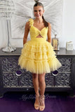 Yellow One Shoulder Flowers Tulle Short Ruffled A-line Keyhole Homecoming Dress GM709