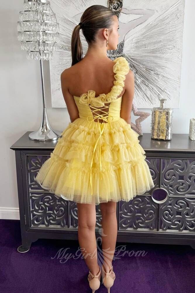 Yellow One Shoulder Flowers Tulle Short Ruffled A-line Keyhole Homecoming Dress GM709