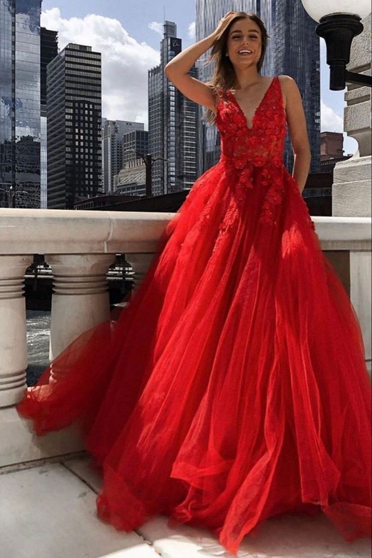 A Line V Neck Red Lace Long Prom Dresses, Lace Appliques Formal Dresses, MG30