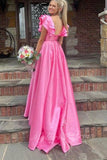 ruffles v neck satin hot pink prom dress a line slit graduation gowns