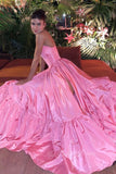 strapless high split satin pink prom dress elegant evening party dresses