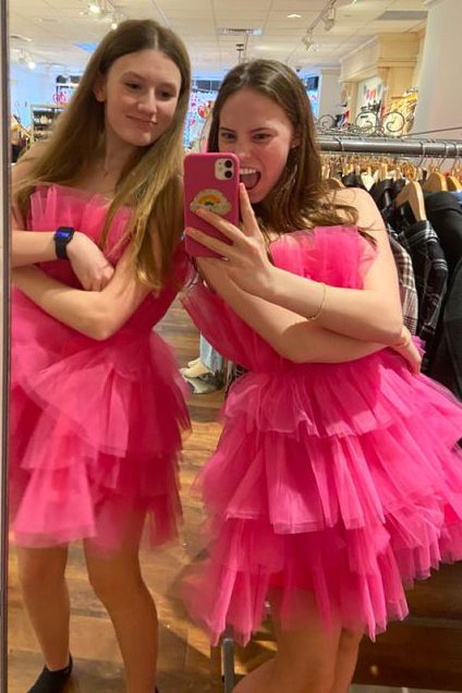 Hot Pink Hoco Dress Short Tiered Tulle Sleeveless Short Party Dress GM583