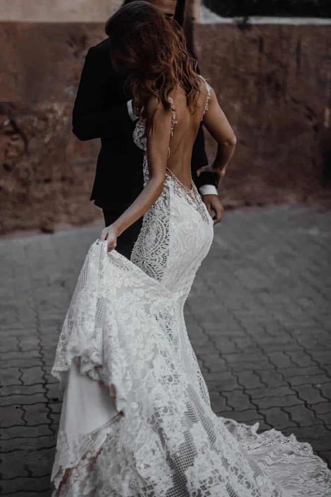Unique Sheer Mermaid Lace Wedding Dress, Backless Boho Bridal Gown PW570