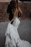 Unique Sheer Mermaid Lace Wedding Dress, Backless Boho Bridal Gown PW570