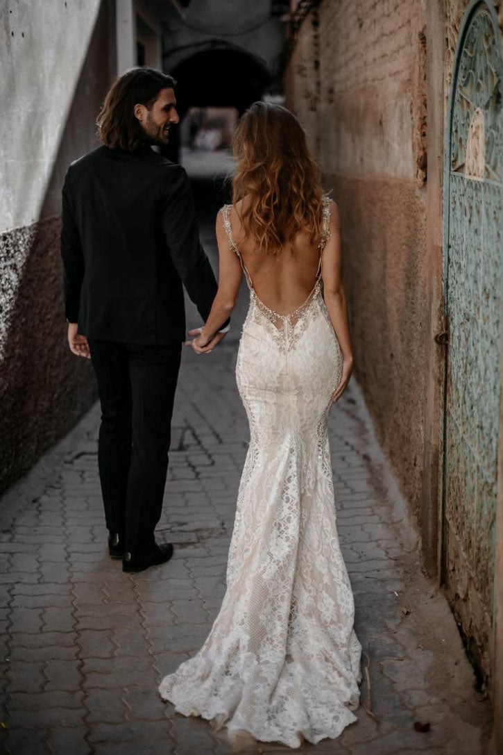 Unique Sheer Mermaid Lace Wedding Dress, Backless Boho Bridal Gown PW570