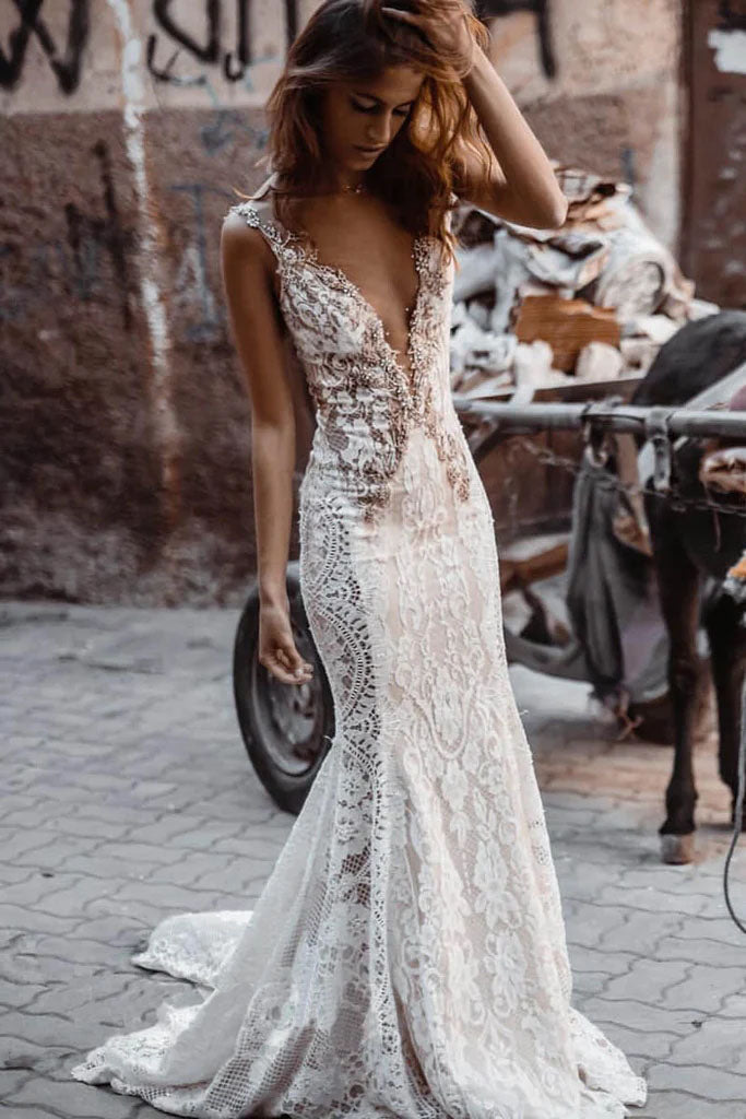 Unique Sheer Mermaid Lace Wedding Dress, Backless Boho Bridal Gown PW570