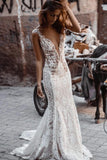 Unique Sheer Mermaid Lace Wedding Dress, Backless Boho Bridal Gown PW570